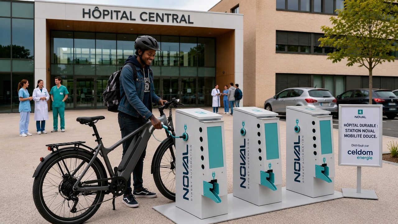 Station vélo CELDOM NOVAL CYPARK devant un hôpital — recharge VAE et stationnement sécurisé pour le personnel soignant et les visiteurs