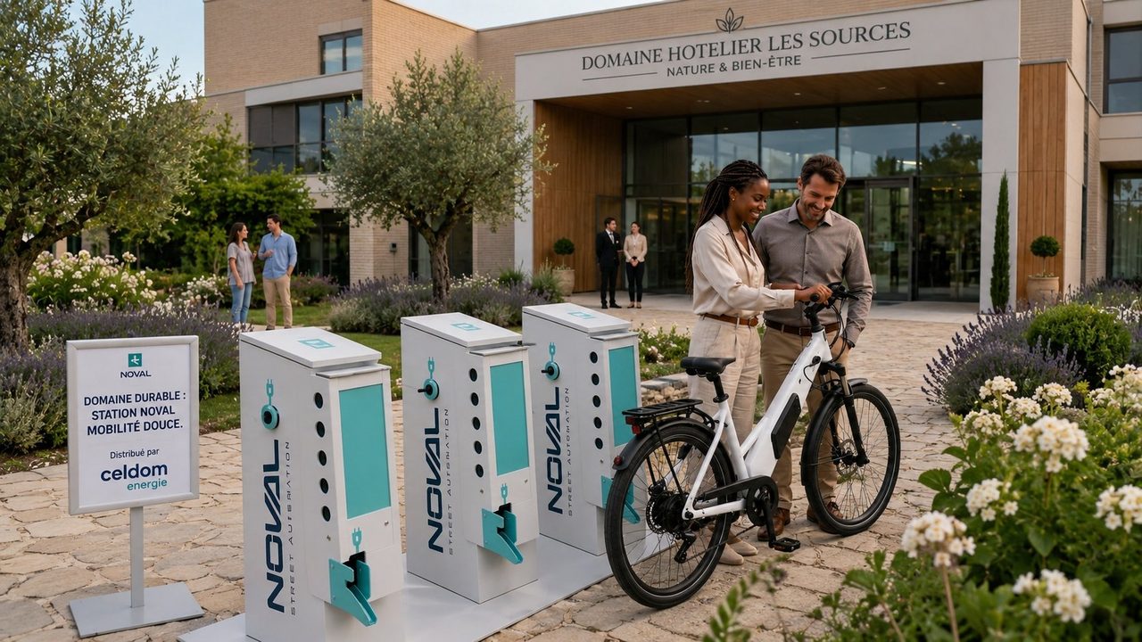 Station vélo CELDOM NOVAL CYPARK devant un hôtel-spa — mobilité douce et recharge de vélos électriques pour la clientèle