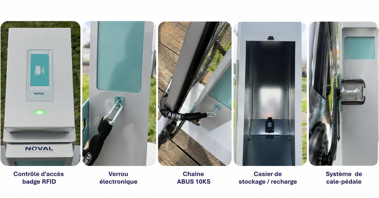 Détails CYPARK E-Lock : contrôle d'accès RFID, verrou électronique, chaîne ABUS 10KS, casier de stockage/recharge, cale-pédale