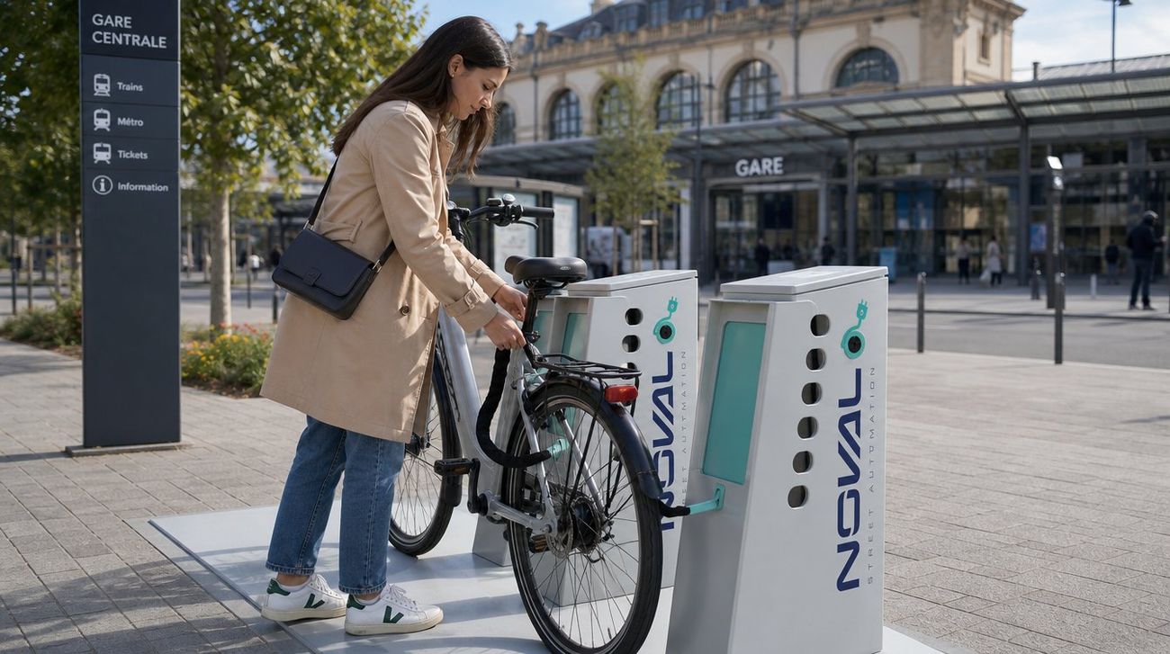Station vélo CELDOM NOVAL CYPARK devant une gare — stationnement sécurisé pour les trajets domicile-travail